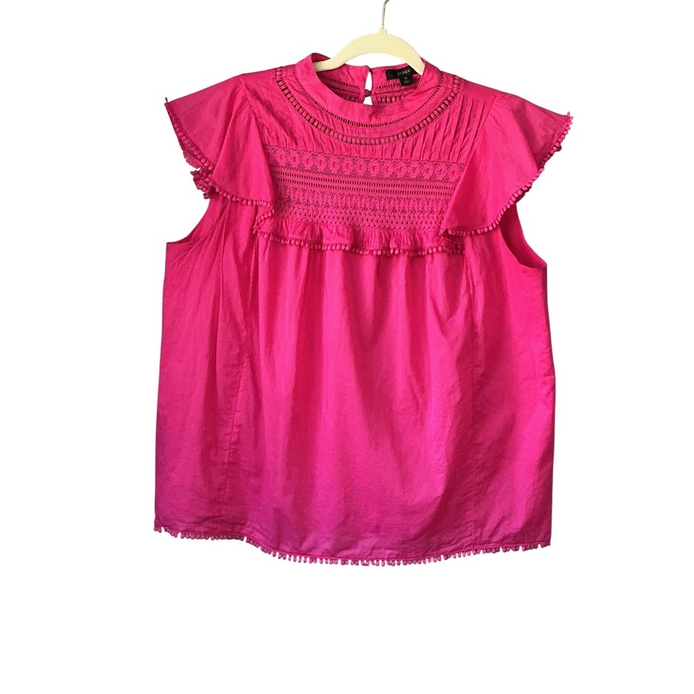 J.Crew Pink Flutter Sleeve Eyelet Pom Pom Trim Top Medium Mock Neck Smocked